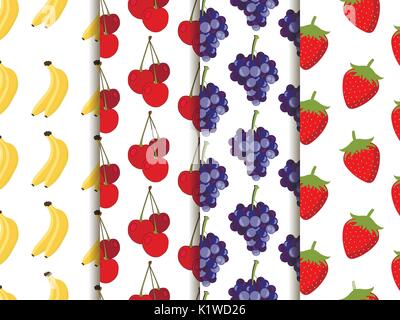 Set di seamless pattern con frutta. Modello di banane, ciliegie e fragole e uva. Sfondo del vettore. Illustrazione Vettoriale