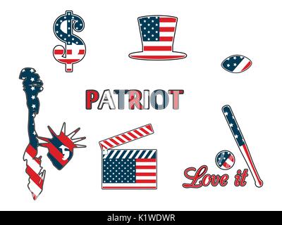 Noi simboli nei colori patriottici di isolamento su uno sfondo bianco. Patch patriottica badge. Illustrazioni vettoriali. Illustrazione Vettoriale