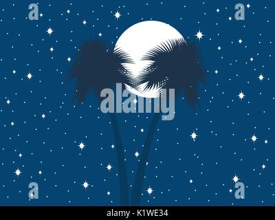 Alberi di Palma contro lo sfondo della luna e il cielo stellato. Illustrazione Vettoriale Illustrazione Vettoriale