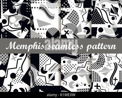 Memphis seamless pattern. Elementi geometrici memphis in stile anni ottanta. Illustrazione Vettoriale. Illustrazione Vettoriale