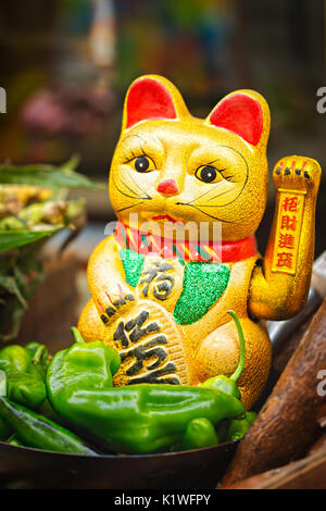 Il cinese golden lucky cat figurina su food street stall, peperoni verdi Foto Stock