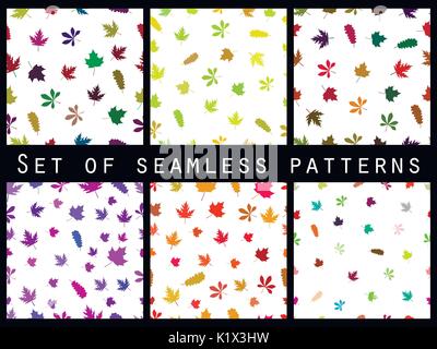 Foglie di autunno seamless pattern impostato. Foglie colorate. Illustrazione Vettoriale. Illustrazione Vettoriale