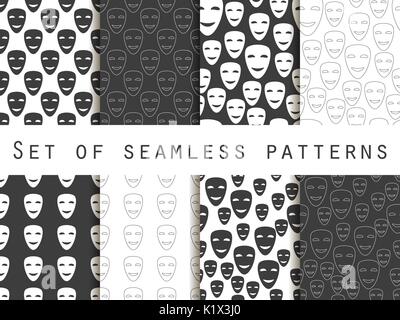 Una maschera con un sorriso seamless pattern. Bianco e nero seamless pattern. Illustrazione Vettoriale. Illustrazione Vettoriale