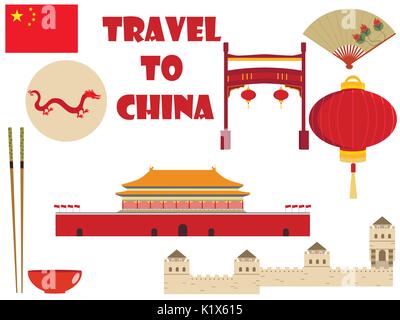 Cina. Il viaggio. Impostare luoghi e simboli. Illustrazione Vettoriale. Illustrazione Vettoriale