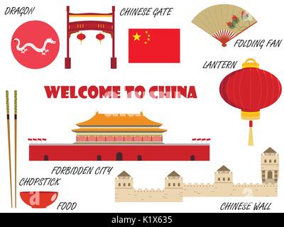 Benvenuti in Cina. Simboli della Cina. Set di icone. Vettore. Illustrazione Vettoriale