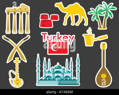La Turchia adesivi. Bagno turco simboli: la Moschea Blu, l'Agora, il turco hat, shisha, cammello, scimitar, chitarra. Elementi di patch in Turchia. Vector illust Illustrazione Vettoriale