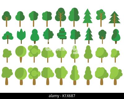 Alberi di piatto. Set di alberi in un design piatto. Icone vettoriali. Illustrazione Vettoriale