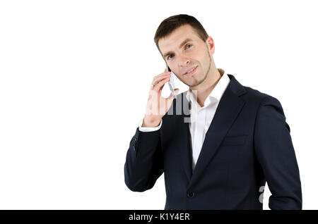 Uomo che utilizza smart phone isolati su sfondo bianco Foto Stock