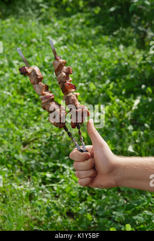 Mano con il pollice su spiedino di contenimento con spiedini, img 15 di 17 Foto Stock