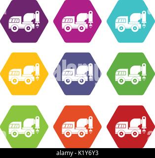 Macchina perforatrice icon set hexahedron colore Illustrazione Vettoriale