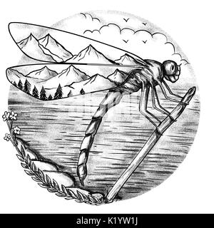 Lo stile di tatuaggio illustrazione di una libellula con scena di montagna Ali interno con il lago di ocean in background fatto in mano bozzetto Tattoo lo stile di disegno Foto Stock