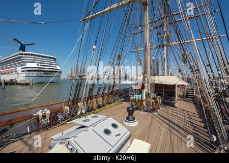 Texas, Galveston, Texas Seaport Museum, 1877 Tall Ship ELISSA, vista verso la nave da crociera nel porto Foto Stock