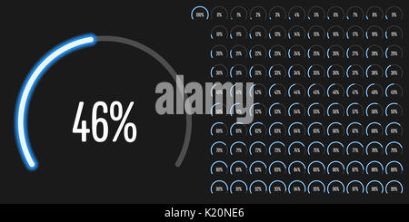 Set di settore circolare percentuale diagrammi da 0 a 100 pronto per l'uso per il web design, l'interfaccia utente (UI) o una infografica - indicatore con neon blue Foto Stock