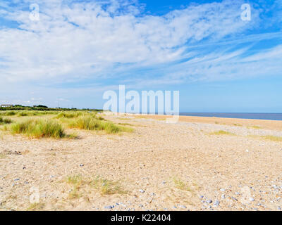 Su una spiaggia deserta con chiazze di posidonia cresce a Caister-on-Sea, Norfolk, sotto un cielo di estate blu. Foto Stock