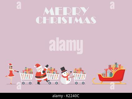Santa Claus Santa bambina e pupazzo di spingere un carrello a slitta. Illustrazione Vettoriale poster Illustrazione Vettoriale