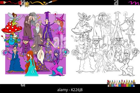 Cartoon illustrazione dei maghi e streghe personaggi di fantasia gruppo libro da colorare attività Illustrazione Vettoriale