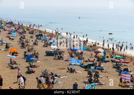 Burton Bradstock, Dorset, Regno Unito. Il 28 agosto 2017. Regno Unito Meteo. I vacanzieri e lucertole da mare gregge per alveare in spiaggia a Burton Bradstock nel Dorset su un sole caldo a ferragosto. Photo credit: Graham Hunt/Alamy Live News Foto Stock