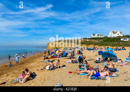 Burton Bradstock, Dorset, Regno Unito. Il 28 agosto 2017. Regno Unito Meteo. I vacanzieri e lucertole da mare gregge per alveare in spiaggia a Burton Bradstock nel Dorset su un sole caldo a ferragosto. Photo credit: Graham Hunt/Alamy Live News Foto Stock