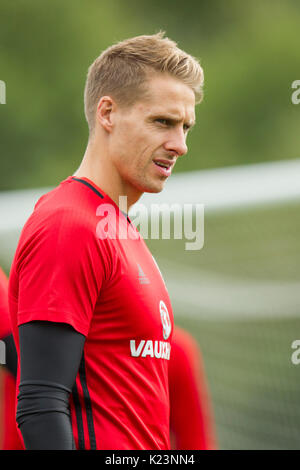 Hensol, Wales, Regno Unito, 29 agosto 2017. David Edwards durante il Galles squadra nazionale di allenamento in vista della Coppa del Mondo 2018 di qualificazione contro l' Austria e la Moldova. Credito: Mark Hawkins/Alamy Live News Foto Stock