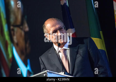Sao Paulo, Brasile, Agosto 29, 2017. Il governatore dello Stato di Sao Paulo Geraldo Alckmin durante l'apertura internazionale del pollame e carne di maiale mostrano in Anhembi, Sao Paulo Foto Stock