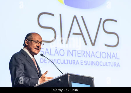 Sao Paulo, Brasile, Agosto 29, 2017. Il governatore dello Stato di Sao Paulo Geraldo Alckmin durante l'apertura internazionale del pollame e carne di maiale mostrano in Anhembi, Sao Paulo Foto Stock