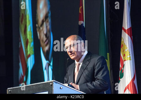 Sao Paulo, Brasile, Agosto 29, 2017. Il governatore dello Stato di Sao Paulo Geraldo Alckmin durante l'apertura internazionale del pollame e carne di maiale mostrano in Anhembi, Sao Paulo Foto Stock