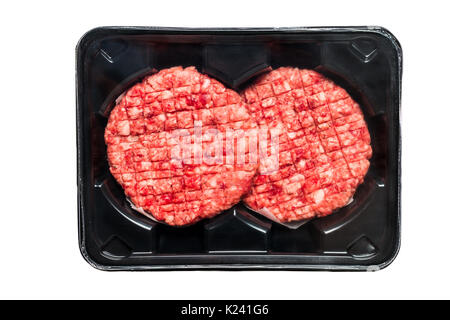 Raw Hamburger di manzo in un vassoio per il confezionamento Foto Stock