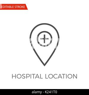 Posizione ospedale linea sottile icona Vettore. Icona piatta isolata su uno sfondo bianco. Corsa modificabile file EPS. Illustrazione Vettoriale. Illustrazione Vettoriale