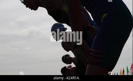 Tianjin. Il 29 agosto, 2017. I concorrenti preparare per saltare durante le donne 10km di maratona di nuoto in finale alla Cinese xiii Giochi Nazionali nel nord della Cina di Tianjin comune, 29 ago 2017. Xin Xin ha vinto la medaglia d'oro. Credito: Ding Xu/Xinhua/Alamy Live News Foto Stock