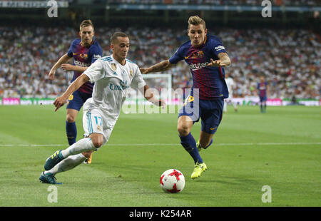 Lucas Vazquez (L) e Lucas Digne (R). Real Madrid Barcellona sconfitto 2-0 nella seconda gamba della Supercoppa Spagnola partita di calcio al Santiago Ber Foto Stock