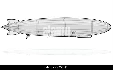 Il leggendario enorme dirigibile Zeppelin riempito con idrogeno. Delineate stilizzata palloni aerostatici. Grande dirigibile, eliche di timone. Vettore lungo zeppelin. Illustrazione Vettoriale