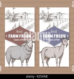 Due farm shop etichette con casa colonica e fienile, di pecora e di capra su bianco. Illustrazione Vettoriale