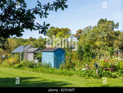 Giardino in legno capannoni e serra su appezzamenti in Compton, un villaggio vicino a Guildford, Surrey, sud-est Inghilterra Foto Stock