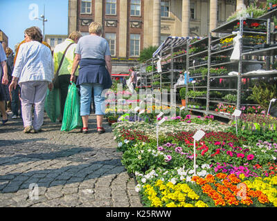 Persone che guardano i fiori sul mercato dei fiori annuali il Venerdì Santo a Groningen Foto Stock