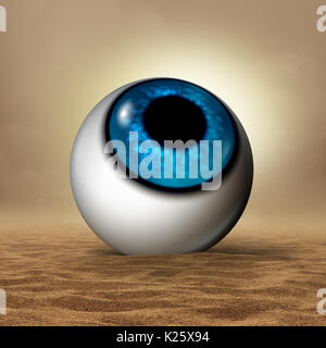 Occhio secco malattia concetto medico come un bulbo oculare umana in un deserto arido come un oftalmologia o optometria simbolo per organo di visione i sintomi di secchezza. Foto Stock