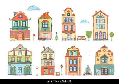 Set di colorate case scandinavo . Scarabocchi di vettore Illustrazione Vettoriale
