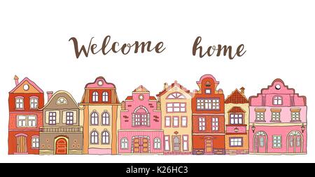 Fila di rosa doodle piccole case di città con iscrizione benvenuti a casa . Vettore Illustrazione Vettoriale
