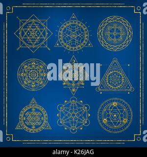 Set di Geometria Sacra golden moduli con telaio su sfondo blu Illustrazione Vettoriale