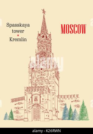 Torre Spasskaya del Cremlino vettore colorato disegno a mano illustrazione isolato su sfondo beige Illustrazione Vettoriale