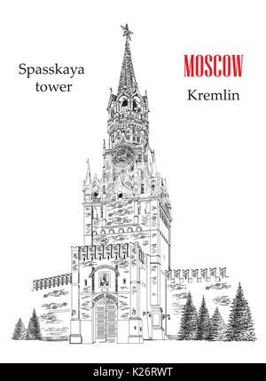 Torre Spasskaya del Cremlino vettore di disegno a mano illustrazione isolati su sfondo bianco Illustrazione Vettoriale