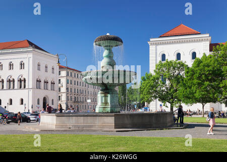 Fontana nella parte anteriore dell'Università Ludwig Maximilian, Ludwigstrasse, Monaco di Baviera, Baviera, Germania Foto Stock