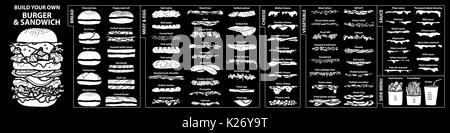 Set di ingredienti isolati per costruire la vostra propria burger e sandwich. carino disegnato a mano in stile silhouette bianco e contorno nero su sfondo nero. Illustrazione Vettoriale