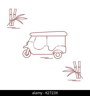 Icona stilizzata di tuk-tuk e bambù. Taxi tradizionali in Thailandia, India. Design per banner, poster o di stampa. Illustrazione Vettoriale