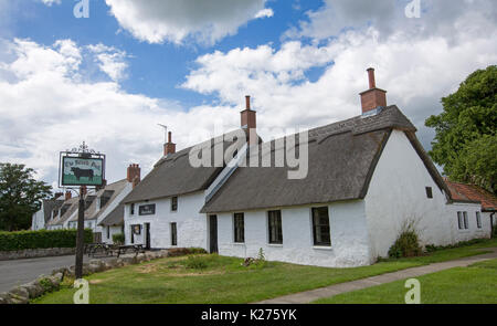 Pub inglese tradizionale, il toro nero, con pareti dipinte di bianco e tetti in paglia nel villaggio inglese di metalli, Northumberland. Foto Stock