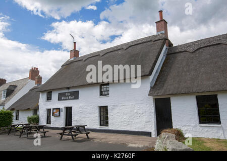 Pub inglese tradizionale, il toro nero, con pareti dipinte di bianco e tetti in paglia nel villaggio inglese di metalli, Northumberland. Foto Stock