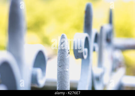 Dettagli della struttura e ornamenti di ferro battuto recinzione e cancello con soft focus in distanza Foto Stock