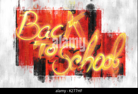 Si torna a scuola parole scritte fatte di fumo o fuoco sul dipinto astratto dello sfondo. Foto Stock