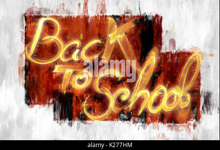 Si torna a scuola parole scritte fatte di fumo o fuoco sul dipinto astratto dello sfondo. Foto Stock