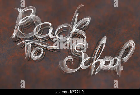 Si torna a scuola parole scritte fatte di fumo sul corroso ottone sfondo di metallo. Foto Stock