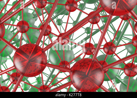 Verde e vetro rosso molecolare caos geometrico astratto struttura. La scienza della connessione di rete con tecnologia hi-tech background rendering 3d'illustrazione. Foto Stock